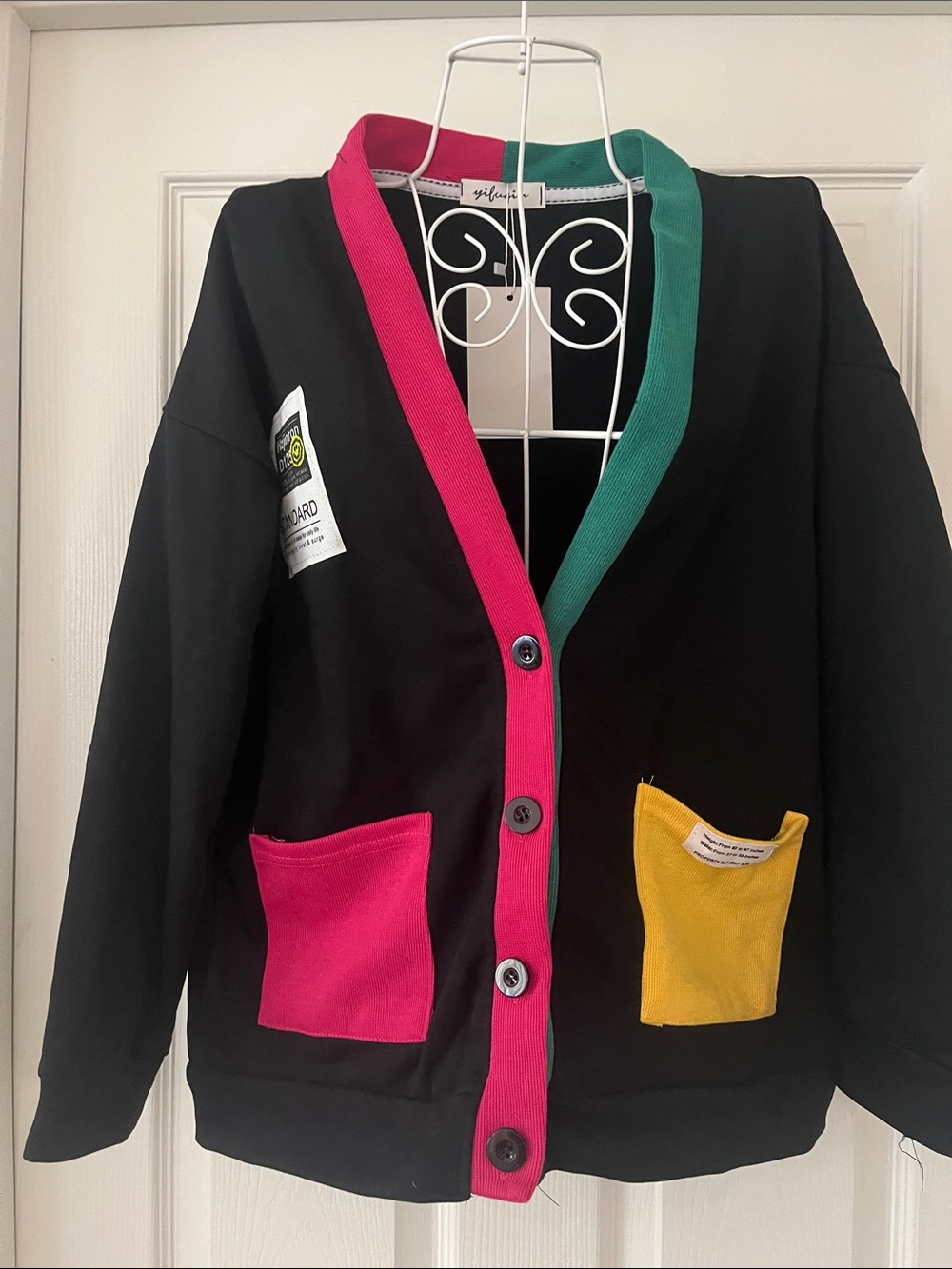 Black Colorblock Cardigan with Pink Trim and Yellow Pocket